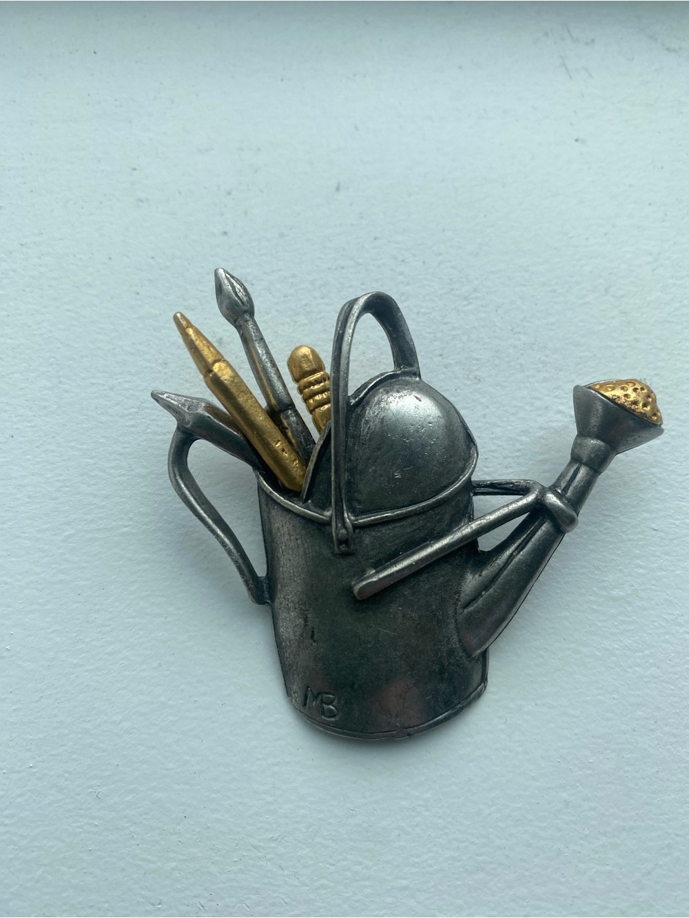 Two-Tone Watering Can Brooch Pin Pewter & Gold